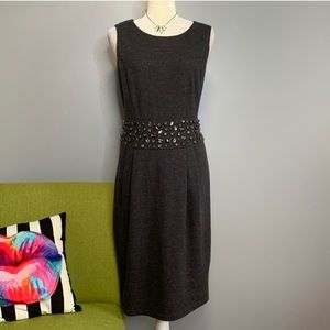 Lafayette 148 Grey Wool Jeweled Waist Sheath Dress